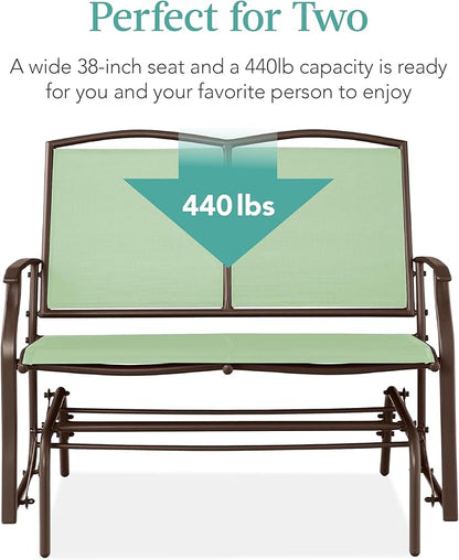 Best Choice Products 2-Person Outdoor Patio Swing Glider Steel Bench Loveseat Rocker for Deck, Porch w/Textilene Fabric, Steel Frame - Sage Green/Brown