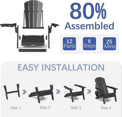 FOOWIN Adirondack Chair with Retractable Ottoman,HDPE Folding Adjustable Adirondack Chair w/4 in 1 Cup Holder Trays,All-Weather Resistant Fire Pit Chair for Outdoor Patio Lawn Set of 6