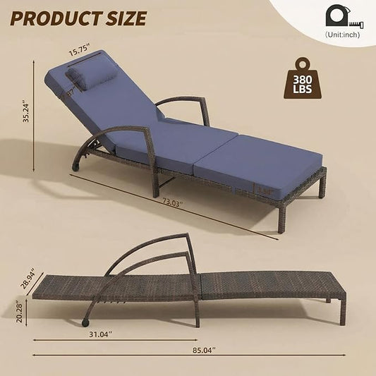 GarveeHome Outdoor Chaise Lounge Set of 2, Weather-Resistant PE Rattan Recliners with 5 Adjustable Positions, Wheels, Armrests, Cushions & Pillows, Collapsible for Poolside, Deck, Blue Cushion