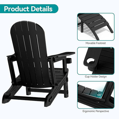 Vongrasig Adirondack Chairs Set of 2 with Removable Tabletop and Footrest, All-Weather HDPE Outdoor Chair Set with Wooden Textured, Cup Holder for Patio, Poolside, Deck, Garden, Black