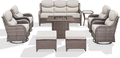Luxury Patio Furniture Set with 6-inch Thick Cushion, Outdoor Furniture with Fire Pit Table, Swivel Chairs, Sofa, Side Table, Ottomans, 9pcs Wicker Conversation Set for Deck Yard and Poolside(Beige)