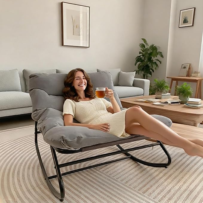 Outdoor Papasan Rocking Chair with Cushion, Oversized Patio Lounge Rocker, Heavy Duty 350 lbs Capacity, Comfortable Indoor & Outdoor Chair for Garden, Lawn, Bedroom, Living Room, Gray