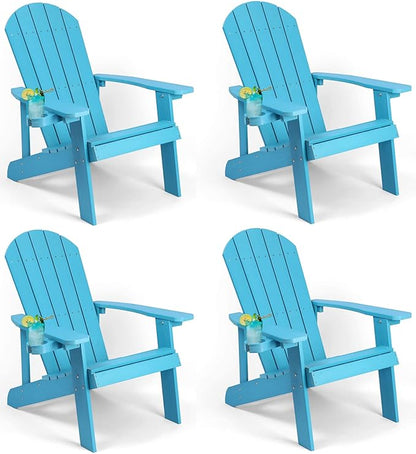 Adirondack Chairs Set of 4, All Weather Resistant Plastic Chairs with Cup Holder, 5 Easy Steps to Install, Outdoor Chairs for Patio, Garden, Backyard Deck, Lawn, Fire Pit - Lake Blue
