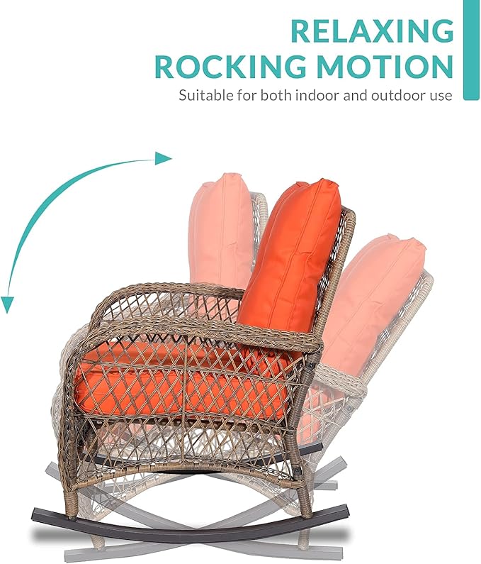 MEETWARM Outdoor Wicker Rocking Chairs Set of 2, Rattan Patio Rocker Chairs with Thick Cushions and High Back, All-Weather Patio Wicker Chair with Safe Rocking Design for Garden, Brown/Orange