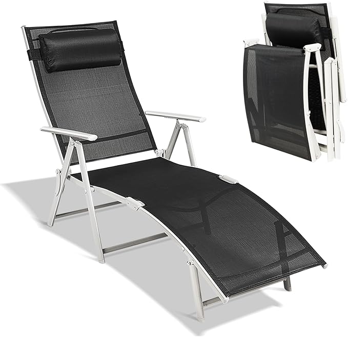 Giantex Chaise Lounge Chair for Outside, Pool Folding Reclining Beach Chair W/Removable Cushion&Headrest Pillow, Outdoor Lounge Chaise w/ 7 Backrest Positions, Portable Patio Lounger (1, Black)