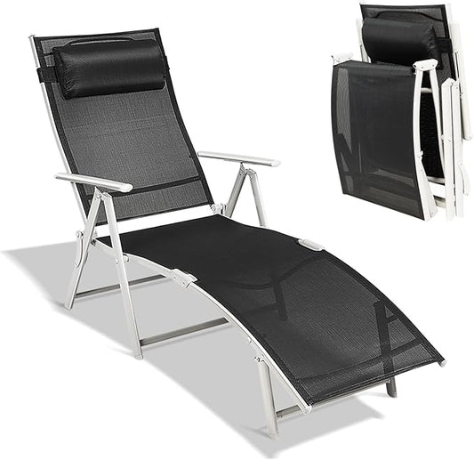 Giantex Chaise Lounge Chair for Outside, Pool Folding Reclining Beach Chair W/Removable Cushion&Headrest Pillow, Outdoor Lounge Chaise w/ 7 Backrest Positions, Portable Patio Lounger (1, Black)