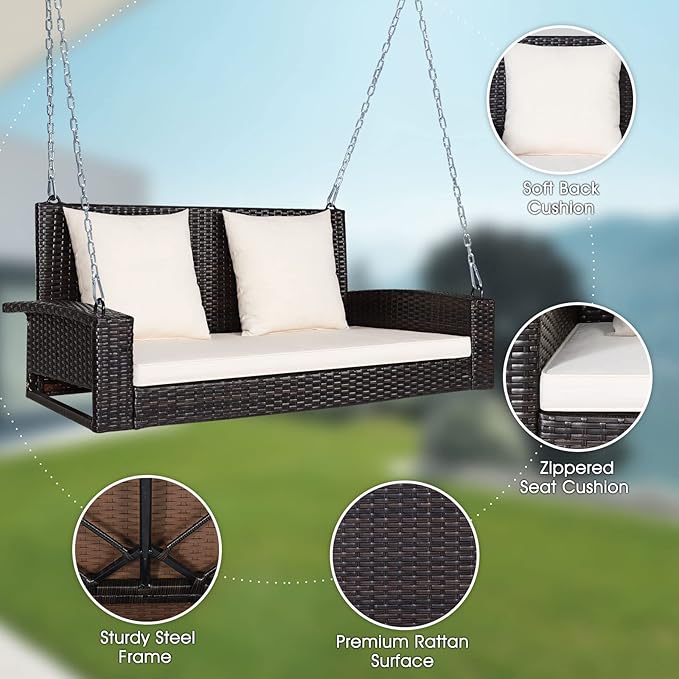 Tangkula 2-Person Wicker Porch Swing, Patiojoy Outdoor Rattan Hanging Swing Bench W/ 2 Back Cushions & 1 Seat Cushion - Photo 8