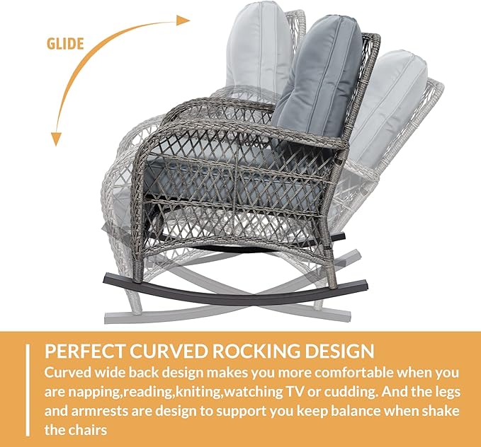 Outdoor Wicker Rocking Chair with Thickened Cushions, All-Weather Rattan Patio Rocking Chairs - Photo 3