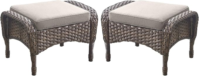 Outdoor Ottomans Patio Footrest Set of 2 - High Back Comfortable Brown Wicker Rattan Steel Frame Footstool Additional Bench Side Table for Porch Balcony Deck Garden Poolside - Beige