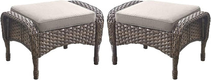 Outdoor Ottomans Patio Footrest Set of 2 - High Back Comfortable Brown Wicker Rattan Steel Frame Footstool Additional Bench Side Table for Porch Balcony Deck Garden Poolside - Beige