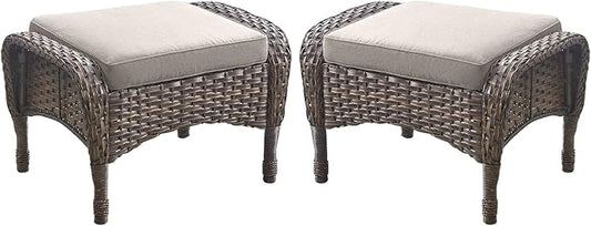 Outdoor Ottomans Patio Footrest Set of 2 - High Back Comfortable Brown Wicker Rattan Steel Frame Footstool Additional Bench Side Table for Porch Balcony Deck Garden Poolside - Beige