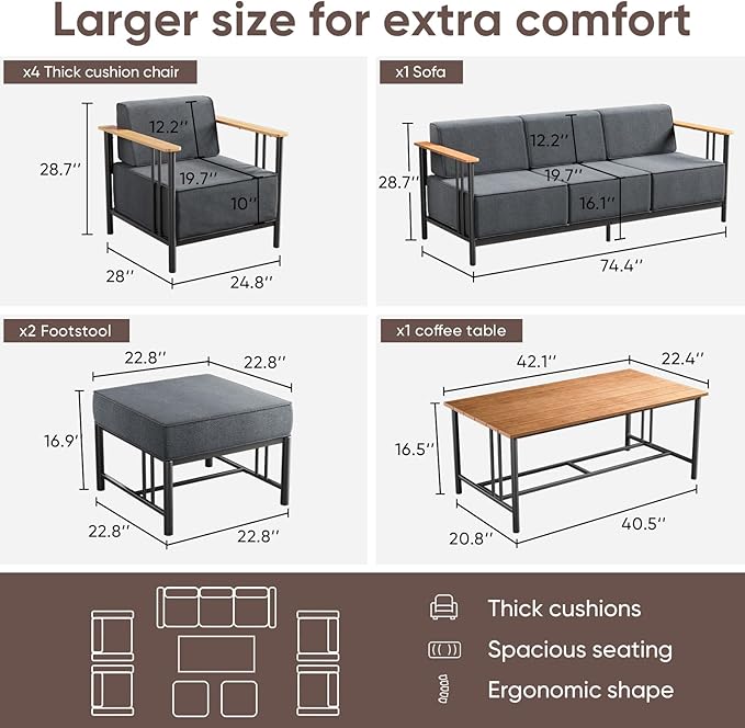 Patio Furniture Set of 8,with 10-inch Thick Cushion Outdoor Furniture Set of 8,Patio Chair Set with Sofa,Wood Grain - Photo 2