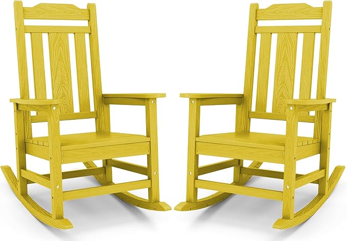 SERWALL Outdoor Rocking Chair Set of 2, Patio Rocking Chairs Set, HDPE Rocking Chair Outdoor for Adults, Heavy Duty Front Porch Rocker, Yellow