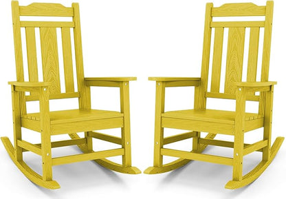 SERWALL Outdoor Rocking Chair Set of 2, Patio Rocking Chairs Set, HDPE Rocking Chair Outdoor for Adults, Heavy Duty Front Porch Rocker, Yellow