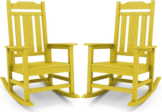 SERWALL Outdoor Rocking Chair Set of 2, Patio Rocking Chairs Set, HDPE Rocking Chair Outdoor for Adults, Heavy Duty Front Porch Rocker, Yellow
