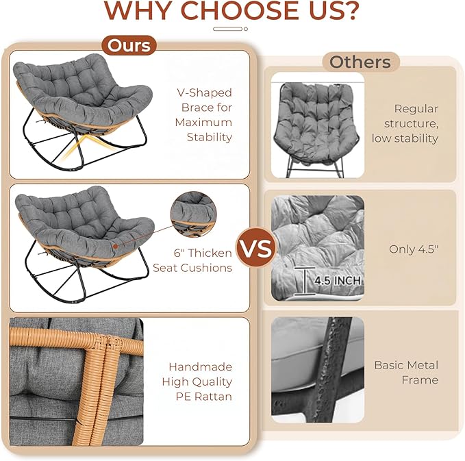 TLSUNNY Outdoor Papasan Rocking Chair, Oversized Padded Lounge Rocker with Cushion, Comfy Wicker Egg Lounge Chair, Large Indoor Rocking Recliner for Living Room/Porch/Garden (Dark Grey)