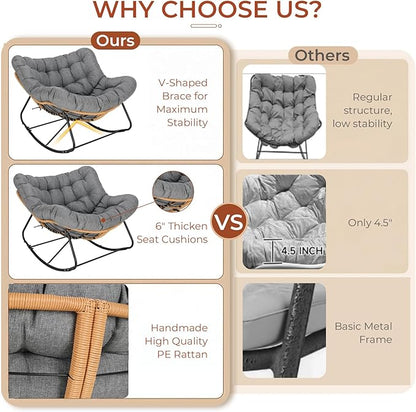 TLSUNNY Outdoor Papasan Rocking Chair, Oversized Padded Lounge Rocker with Cushion, Comfy Wicker Egg Lounge Chair, Large Indoor Rocking Recliner for Living Room/Porch/Garden (Dark Grey)
