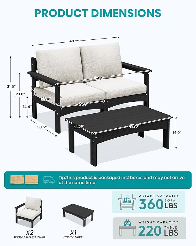 SERWALL 3 Pieces Patio Conversation Set, All-Weather HDPE Outdoor Sofas with Cushions and Coffee Table - Photo 2