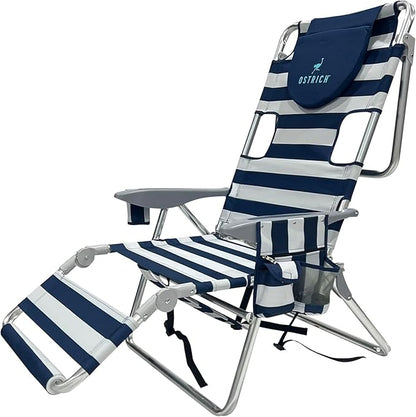 Ostrich the Backpack 3N1 Portable Chair with Cooler Bag and Reclining Lounger for Tanning, Camping, Beach, and Outdoor Essential, Blue Stripe