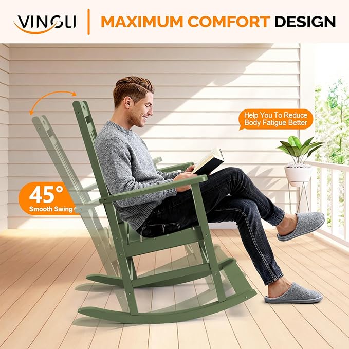 VINGLI Outdoor Rocking Chair with Footrest, Wooden Rocking Chair with 450 LBS Weight Capacity, Patio Rocker with Comfortable Backrest for Garden, Yard (Dark Green, 1PC)