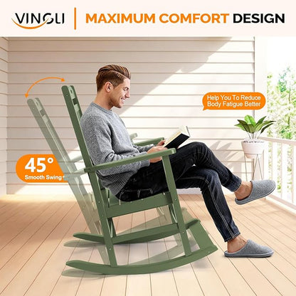 VINGLI Outdoor Rocking Chair with Footrest, Wooden Rocking Chair with 450 LBS Weight Capacity, Patio Rocker with Comfortable Backrest for Garden, Yard (Dark Green, 1PC)