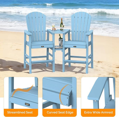 VINGLI Tall Adirondack Chairs Set of 2 with Dual Trays, All-Weather HDPE Outdoor BarStools Poly Deck Chairs for Patio, Poolside and Balcony (Blue)