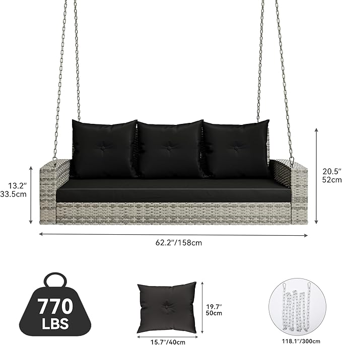 YITAHOME 3-Seats Outdoor Hanging Porch Swing Chair Rattan Black Wicker Patio Swing Chair with Swing Lounge 3 Black Back - Photo 2