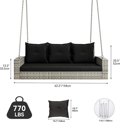 YITAHOME 3-Seats Outdoor Hanging Porch Swing Chair Rattan Black Wicker Patio Swing Chair with Swing Lounge 3 Black Back Cushions Capacity for Garden, Balcony, Courtyard, Gazebo, Porch