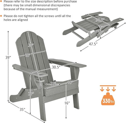 Tangkula Outdoor Folding Adirondack Chair, HDPE Armchairs with Cup Holder, Weather Resistant Lounger Chair for Patio Garden Fire Pit Backyard, Lawn Porch Seating, Adirondack Lounger (2, Grey)