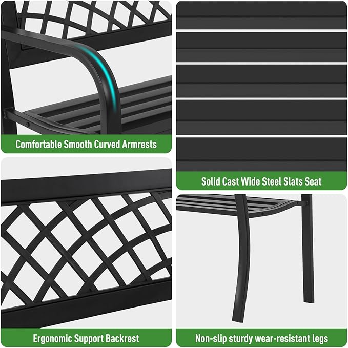 Outdoor Garden Bench, Iron Steel Frame Patio Bench with Mesh Pattern and Plastic Backrest Armrests, Outdoor Bench for Garden, Park, Yard, Front Porch, Black