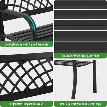 Outdoor Garden Bench, Iron Steel Frame Patio Bench with Mesh Pattern and Plastic Backrest Armrests, Outdoor Bench for Garden, Park, Yard, Front Porch, Black