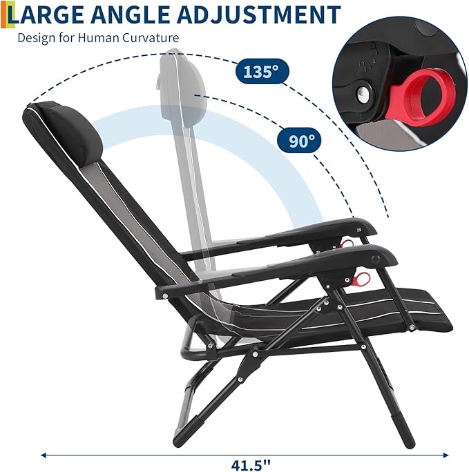 Folding Chaise Lounge Chair for Outdoor – Portable Reclining Camping Chair with Adjustable Backrest, Pillow & Breathable Fabric, Heavy-Duty 330 LBS Capacity, Sun Lounger for Beach, Patio, Garden