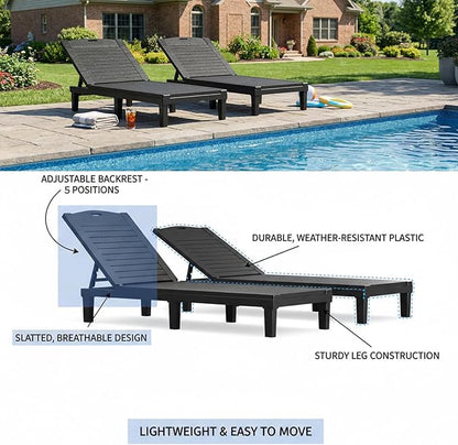 2PCS Outdoor Lounge Chairs 5 Position Adjustable, Pool Chairs, Sun Lounger, Patio Chaise Lounges PP Black, 74.06x11.02x34.65in