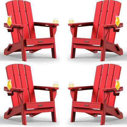 Folding Adirondack Chair 4 Pack, HDPE All-Weather Fire Pit Chairs, Plastic Adirondack Chairs with 2 Cup Holder, Outdoor Lawn Chair for Patio Garden (Red)