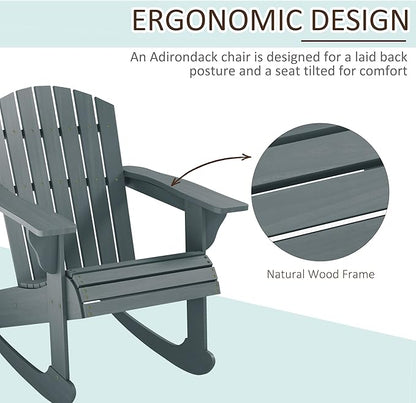 Outsunny Wooden Adirondack Rocking Chair Outdoor Lounge Chair Fire Pit Seating with Slatted Wooden Design, Fanned Back, & Classic Rustic Style for Patio, Backyard, Garden, Lawn, Gray