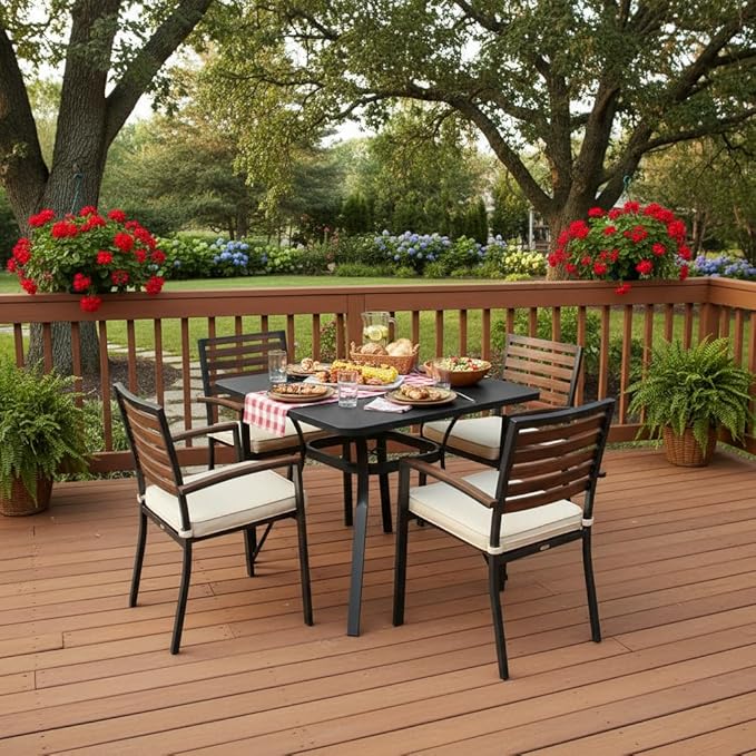 Tangkula 32-Inch Metal Patio Dining Table for 4, Outdoor Dining Table with Powder-Coated Metal Frame & Wood-Like Grain Tabletop, Square Outside Bistro Table for Backyard Garden Poolside Porch, Grey