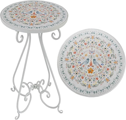 Outdoor Side Table & Mosaic Plant Stand, 14" Ceramic Tile Top Round End Table Accent Table, Indoor Outdoor Coffee Tea Table for Yard Porch Garden Patio