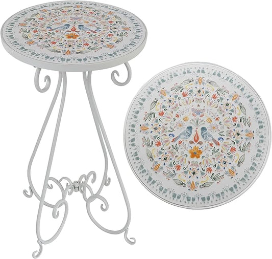 Outdoor Side Table & Mosaic Plant Stand, 14" Ceramic Tile Top Round End Table Accent Table, Indoor Outdoor Coffee Tea Table for Yard Porch Garden Patio