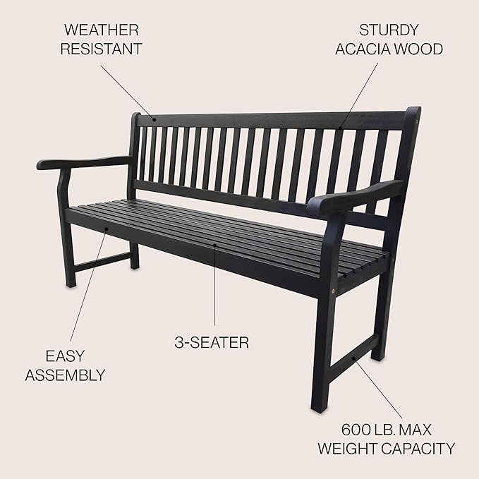 JONATHAN Y BNH101C Laurel 59.1" 3-Seat Slat-Back 600-Lbs Support Acacia Wood Outdoor Garden Patio Bench for Garden, Lawn - Photo 4