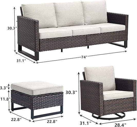 Rilyson Wicker Outdoor Patio Furniture Set - 5 Piece Patio Conversation Set with 2 Swivel Rocker Chairs,2 Rattan Ottoman and 1 Couch for Outside Porch Deck Backyard Garden(Brown/Beige)
