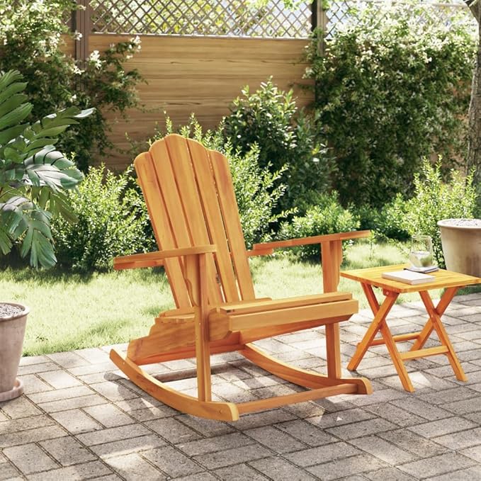 Solid Teak Wood Outdoor Rocking Chair Adirondack Design Brown 39.4x30.3x38.6in Oiled Finish Garden Patio Lounge Furniture for Backyard Porch Balcony