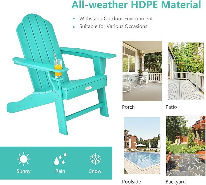 Tangkula Adirondack Chair Outdoor, Fade Resistant HDPE Armchairs with Cup Holder, Weather Resistant Lounger Chairs for Patio Garden Backyard Deck, Lawn Porch Seating, Adirondack Lounger (4, Turquoise)