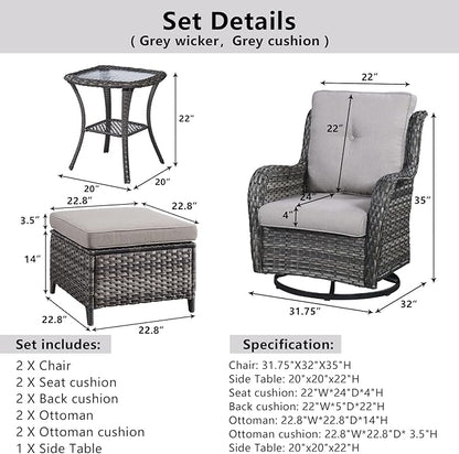 Belord 5 Piece Wicker Patio Furniture Set, Outdoor Swivel Rocker Chairs Set of 2 with Ottomans and Side Table, All Weather Patio Conversation Furniture Set, for Porch Pool, Gray Wicker/Gray