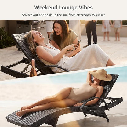 Set of 6 Black Outdoor Chaise Lounge Chairs, Wicker Patio Lounge Chairs with Adjustable Backrest and Armrests, Durable PE Rattan Pool Chair for Patio, Poolside and Garden