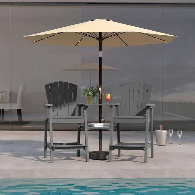 Grey HDPE Tall Adirondack Chair Set of 2 with Beige 9FT Patio Umbrella, All-Weather Outdoor Bar Height Chairs with Trays & Umbrella Hole for Garden, Balcony, Lawn