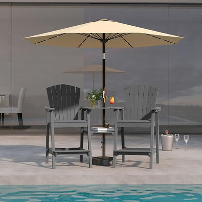 Grey HDPE Tall Adirondack Chair Set of 2 with Beige 9FT Patio Umbrella, All-Weather Outdoor Bar Height Chairs with Trays & Umbrella Hole for Garden, Balcony, Lawn
