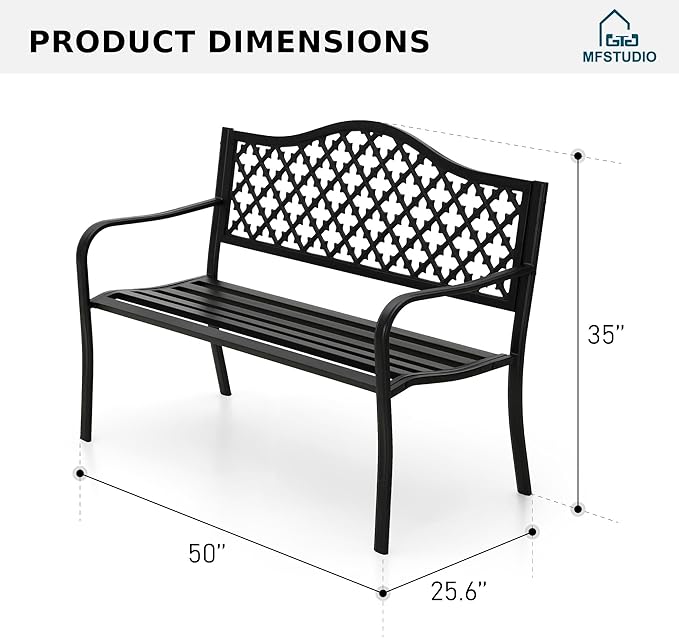 MFSTUDIO Outdoor Metal Bench Set of 2, 50" Black Outdoor Metal Garden Bench, Cast Iron Frame Patio Furniture with E-Coating, Perfect for Porch and Yard