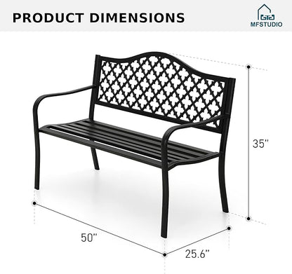MFSTUDIO Outdoor Metal Bench Set of 2, 50" Black Outdoor Metal Garden Bench, Cast Iron Frame Patio Furniture with E-Coating, Perfect for Porch and Yard