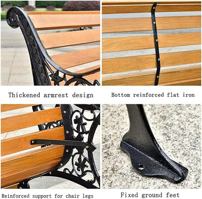 Outdoor Garden Bench with Waterproof Cover, Patio Park Lawn Solid Wood Bench with Cast Iron Frame, Patio Porch Furniture Bench with Backrest and Armrests for 2-3 People(Black)