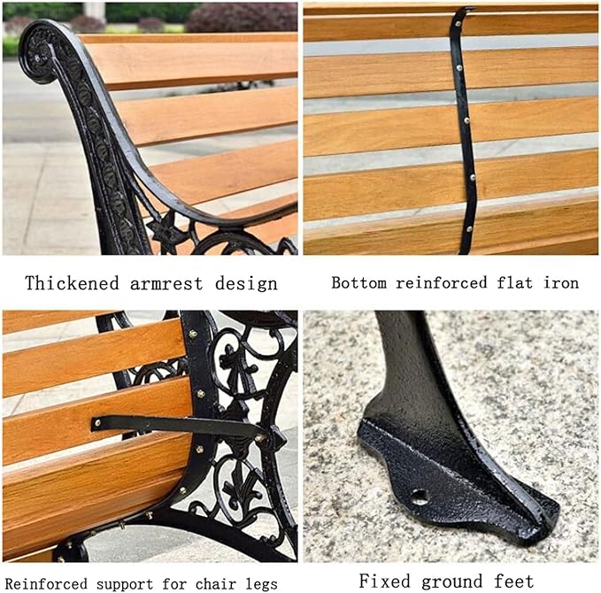 Outdoor Solid Wood Garden Park Bench for 2-3 People, Weatherproof Patio Lawn Bench Porch Seat with Cast Iron Frame, Porch/Deck/Patio Furniture Bench with Backrest and Armrests(Teak+Antique bronze Legs